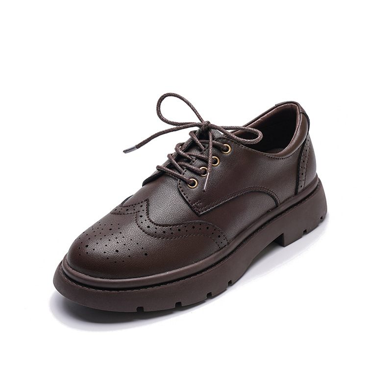 Bruine Leren Loafers Met Dikke Zolen Dames Retro Brogue Schoenen Met Veters College Platte 2024 Lente En Herfst Nieuwe Stijl