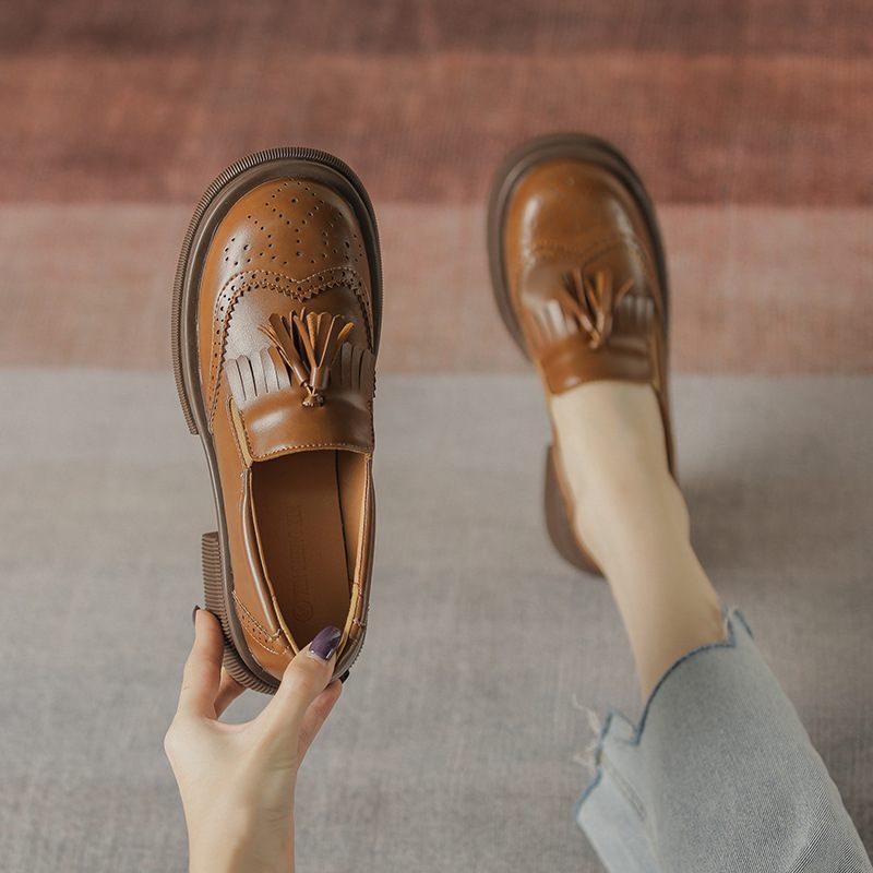 Geklede Schoenen Dames 2024 Nieuwe Lente Leren Kwastjes Brogue Dikke Hak Retro En Herfst Platte