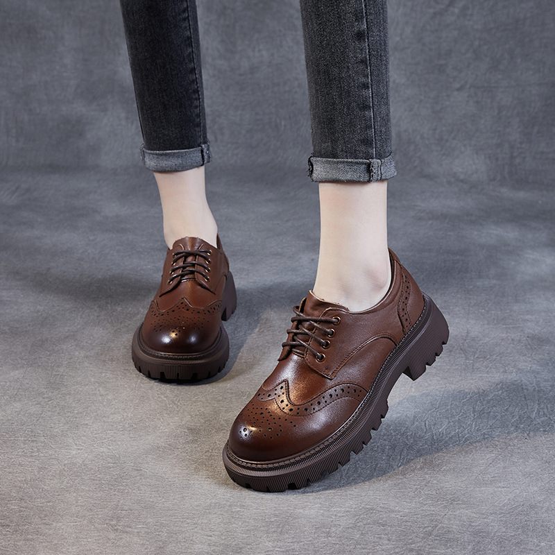 Geklede Schoenen Dames Lente En Herfst Dikke Zolen Veterschoenen Brogue Oxford Leren Damesschoenen Retro Platte