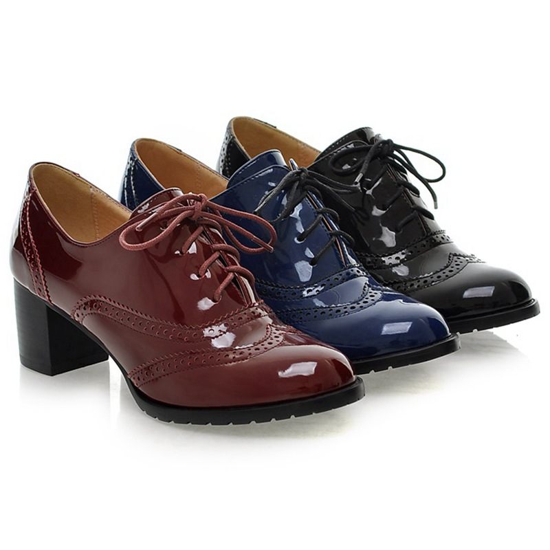 Retro Oxford Schoenen Casual Lakleer Platte Vierkant Wortel Kant Mid Hak Lente En Herfst Lage Damesschoenen