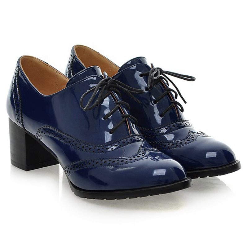 Retro Oxford Schoenen Casual Lakleer Platte Vierkant Wortel Kant Mid Hak Lente En Herfst Lage Damesschoenen