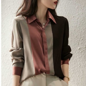 Color Block Dames Shirt Lange Mouw Losse Chiffon