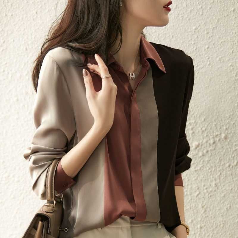 Color Block Dames Shirt Lange Mouw Losse Chiffon