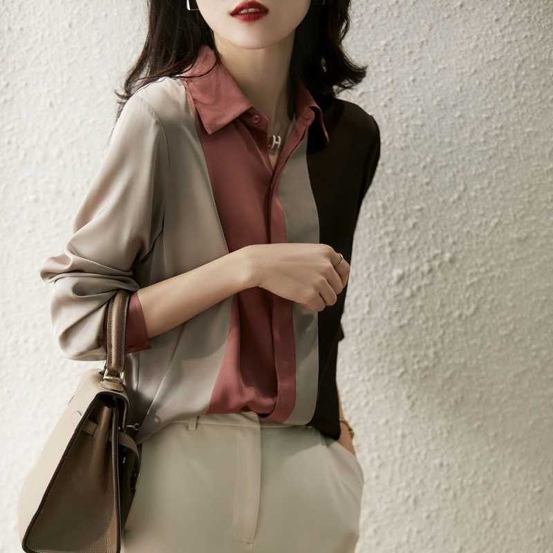 Color Block Dames Shirt Lange Mouw Losse Chiffon