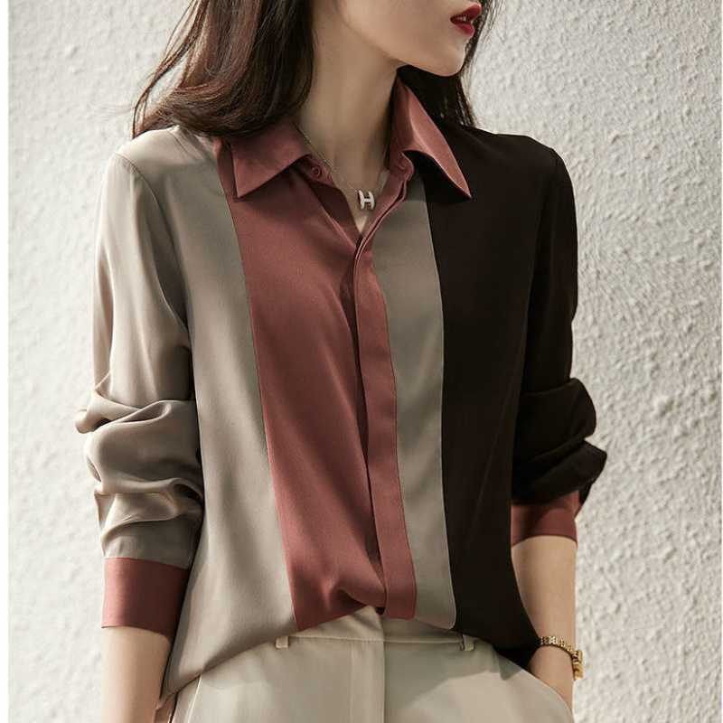 Color Block Dames Shirt Lange Mouw Losse Chiffon