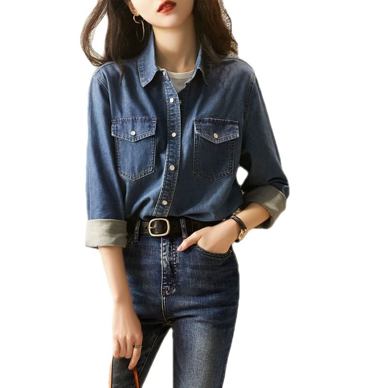 Dames Overhemd Knappe Exquise Revers Blauwe Denim Top Met Lange Mouwen