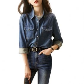 Dames Overhemd Knappe Exquise Revers Blauwe Denim Top Met Lange Mouwen