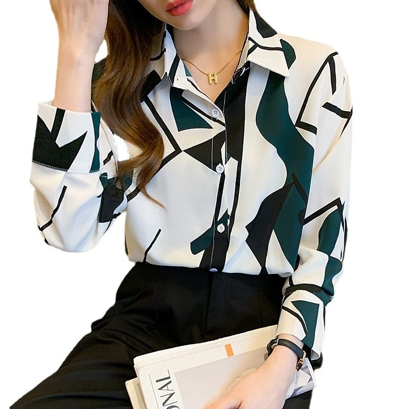 Dames Shirt Lange Mouw Chiffon Mode Slanke Print