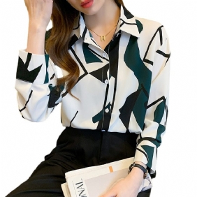 Dames Shirt Lange Mouw Chiffon Mode Slanke Print