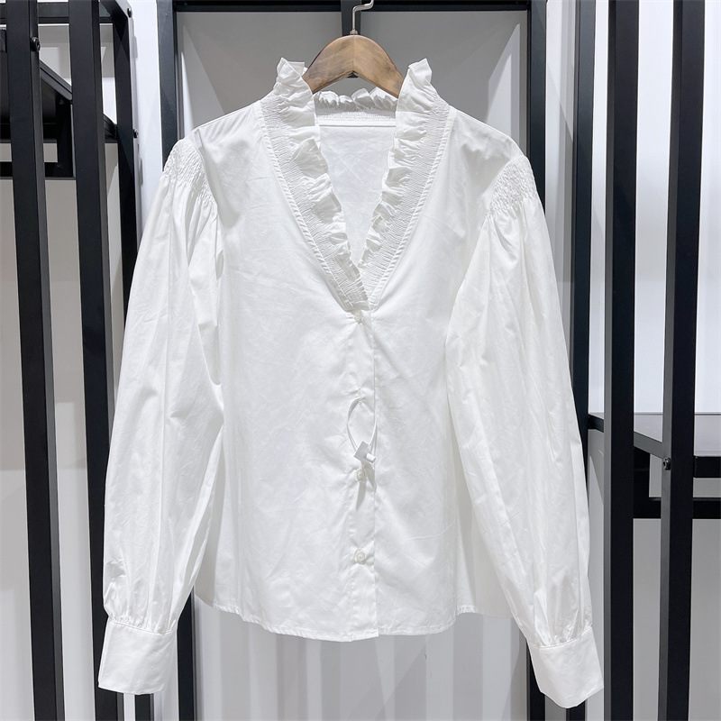 Dames Shirt Mode Ruffle V-hals Pofmouwen