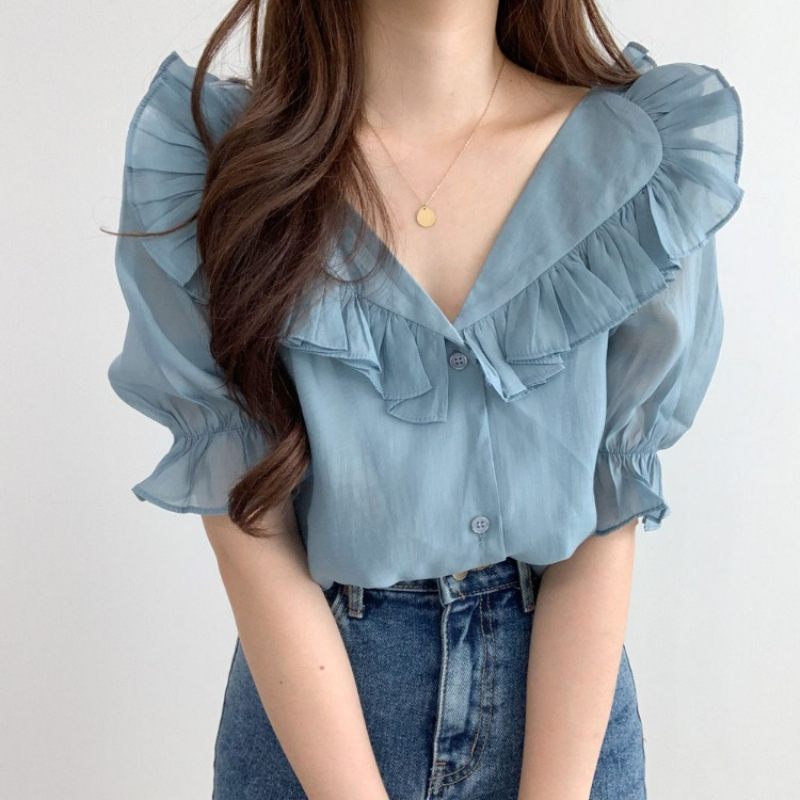 Damesblouse Met Ruches Zoete Pofmouwen Chiffon