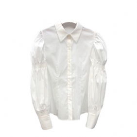 Nieuw Dames Revers Knop Shirt Pofmouwen Top