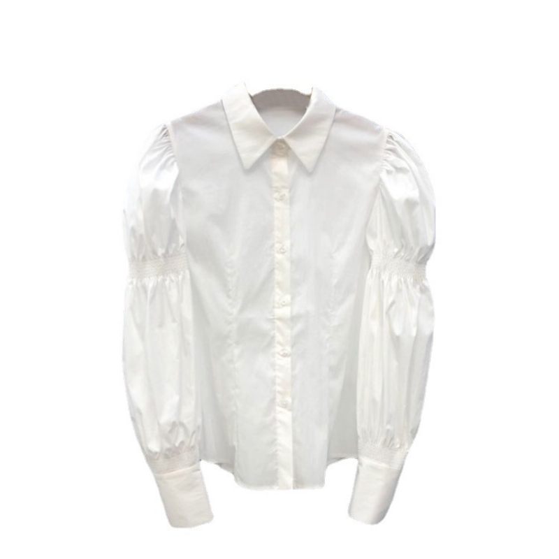 Nieuw Dames Revers Knop Shirt Pofmouwen Top