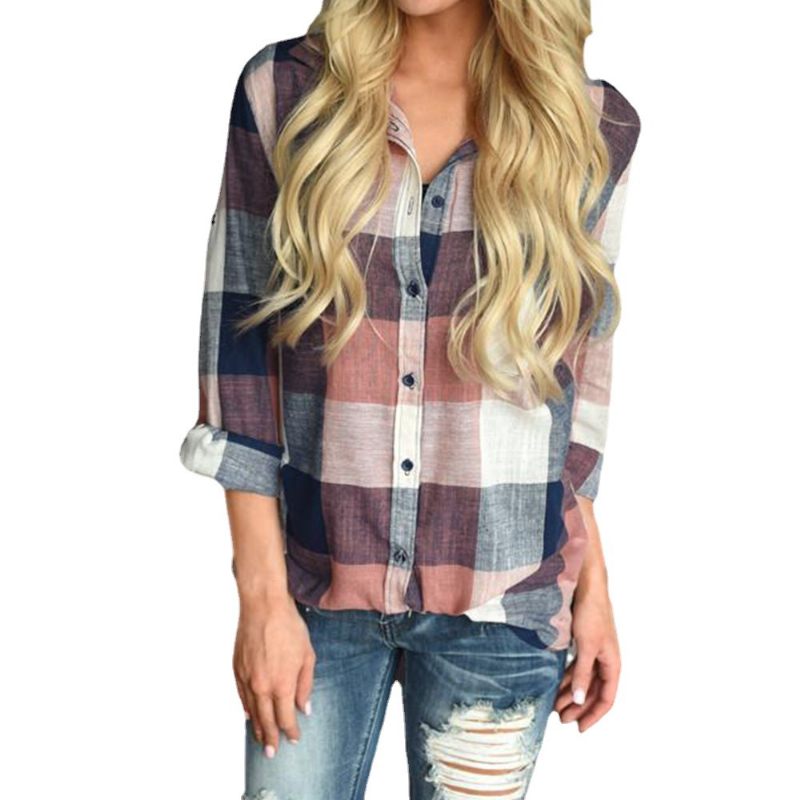 Plaid Dames Shirt Revers Casual Lange Mouw Top Vrouwen