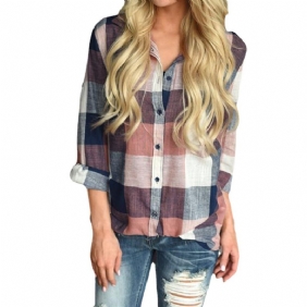 Plaid Dames Shirt Revers Casual Lange Mouw Top Vrouwen