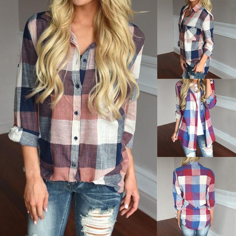 Plaid Dames Shirt Revers Casual Lange Mouw Top Vrouwen