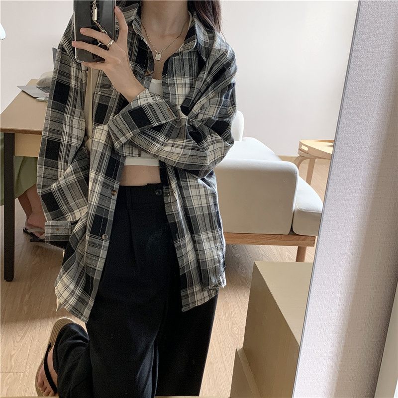 Plaid Shirt Dames Nieuwe Losse Geborstelde Lange Mouwen