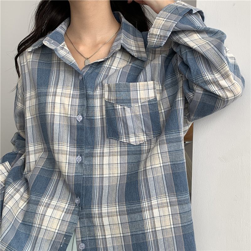 Plaid Shirt Dames Nieuwe Losse Geborstelde Lange Mouwen