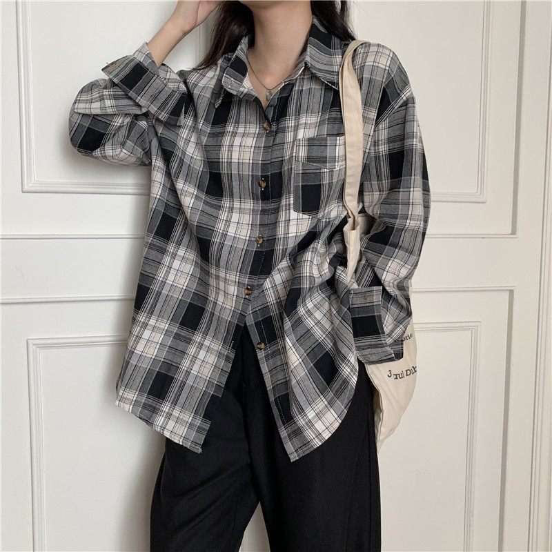 Plaid Shirt Dames Nieuwe Losse Geborstelde Lange Mouwen