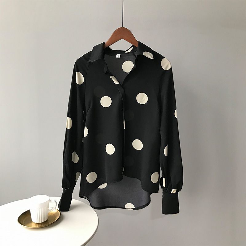 Retro Polkadot Chiffon Overhemd Dames Lange Mouwen Los