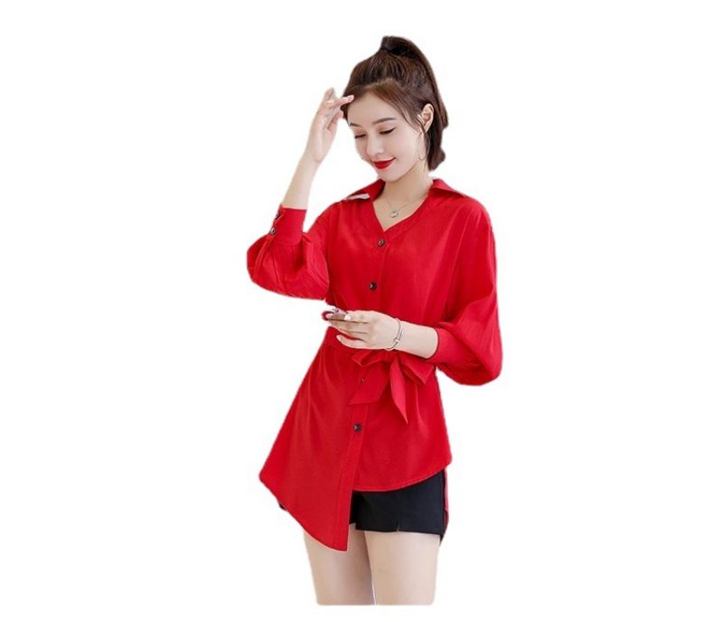 Rood Shirt Dames Onregelmatige Halflange Chiffon Tuniek