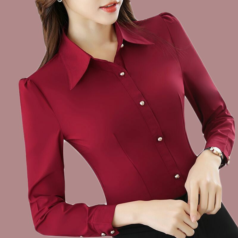 Rood Zwart Shirt Dames Lange Mouw Effen Kleur Professionele Formele Slim Fit