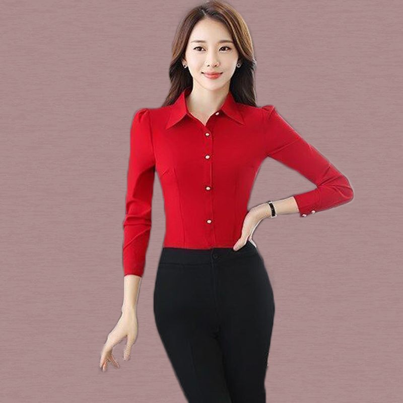 Rood Zwart Shirt Dames Lange Mouw Effen Kleur Professionele Formele Slim Fit