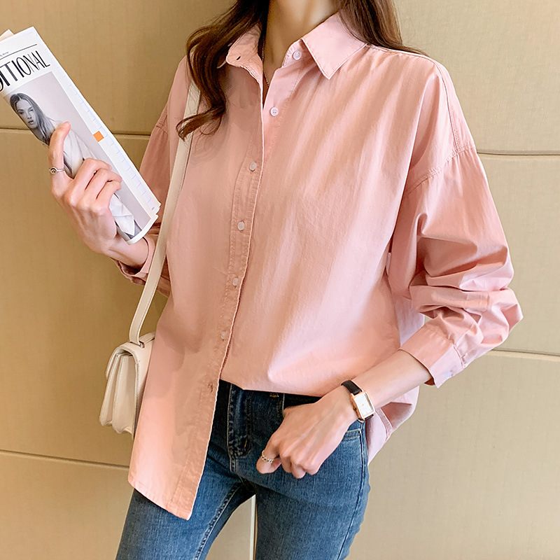 Roze Shirt Dames Lange Mouw Halflange Casual Losse Katoen