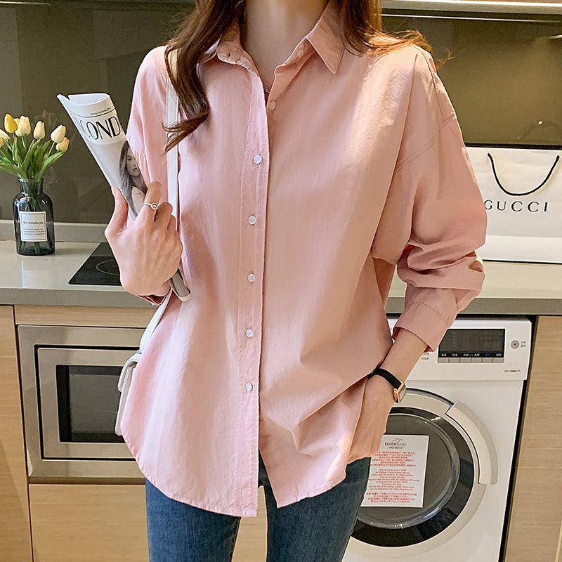 Roze Shirt Dames Lange Mouw Halflange Casual Losse Katoen