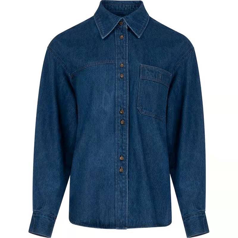 Vrouwen Vintage Blauw Denim Shirt Polo Kraag Top