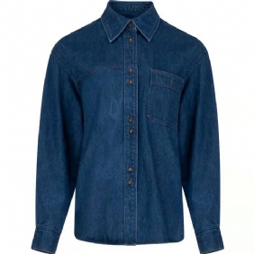 Vrouwen Vintage Blauw Denim Shirt Polo Kraag Top