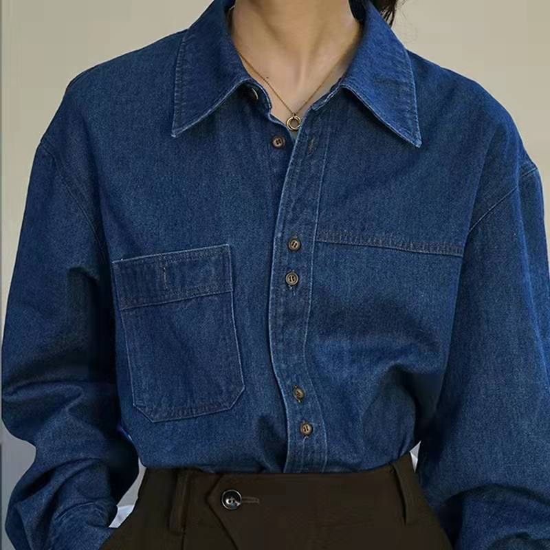 Vrouwen Vintage Blauw Denim Shirt Polo Kraag Top