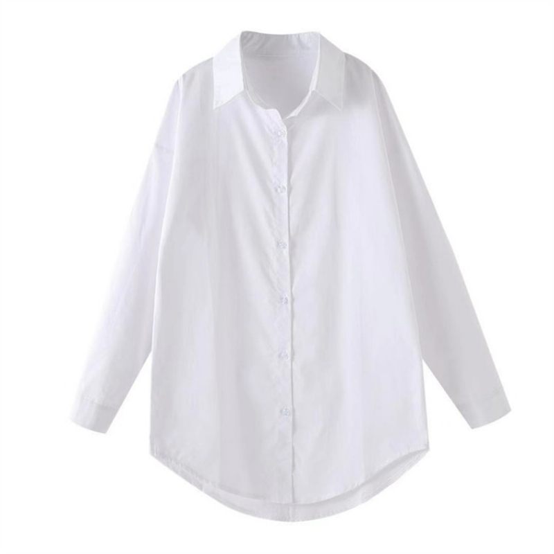 Wit Shirt Dames Medium Lengte Lange Mouwen Losse