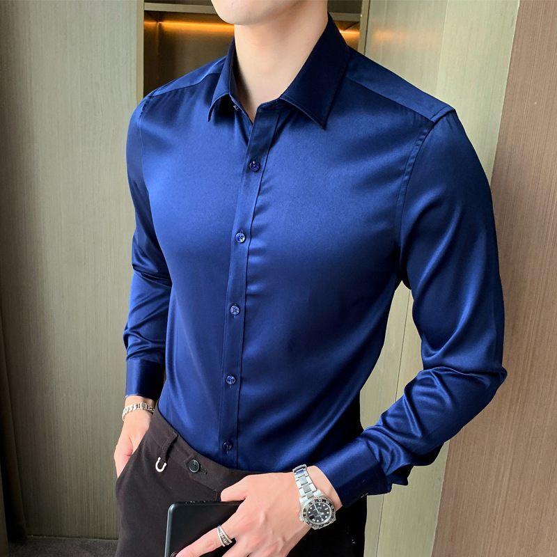 2024 Herenoverhemd Lange Mouw Elastische Slim Fit Modetrend Effen Kleur