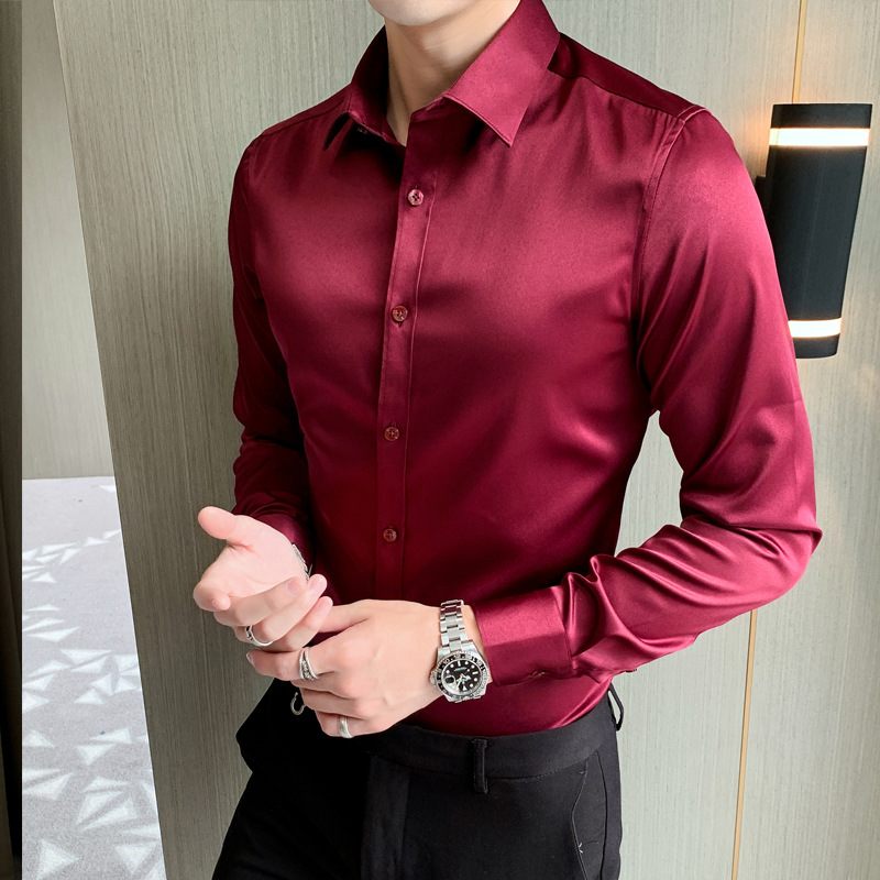 2024 Herenoverhemd Lange Mouw Elastische Slim Fit Modetrend Effen Kleur