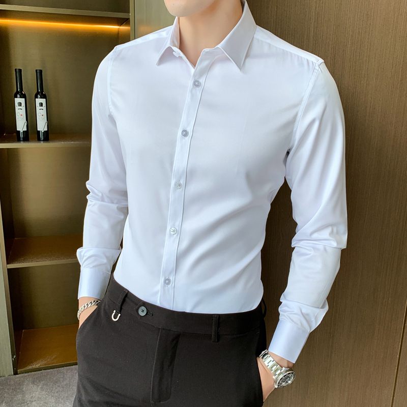 2024 Herenoverhemd Lange Mouw Elastische Slim Fit Modetrend Effen Kleur