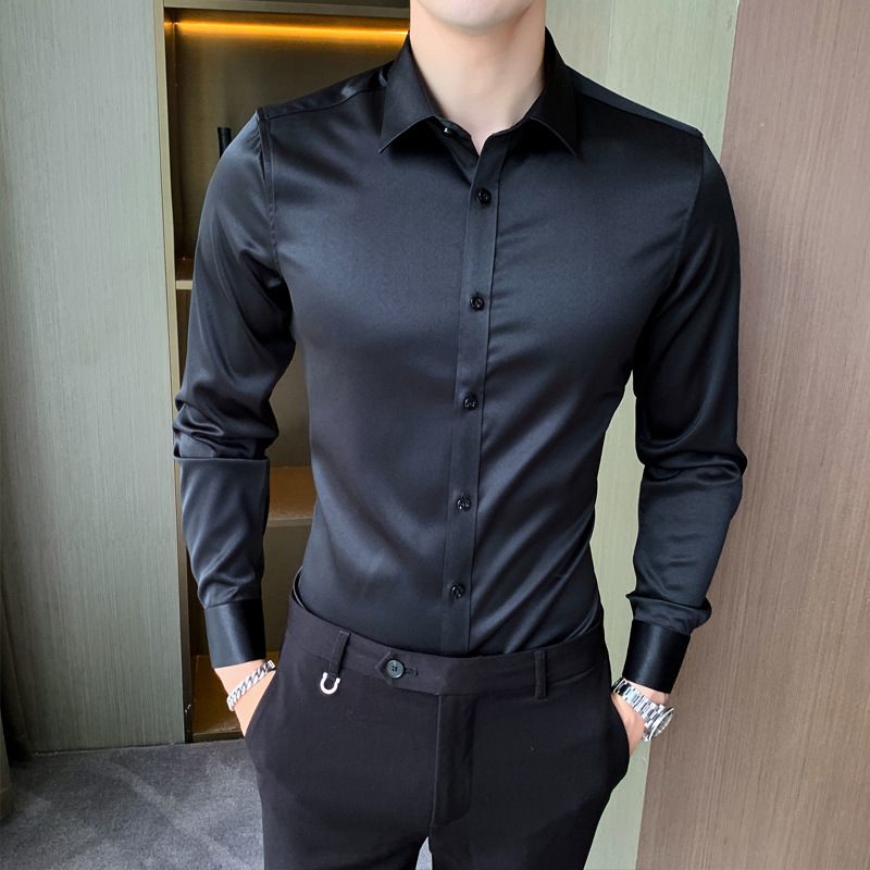 2024 Herenoverhemd Lange Mouw Elastische Slim Fit Modetrend Effen Kleur