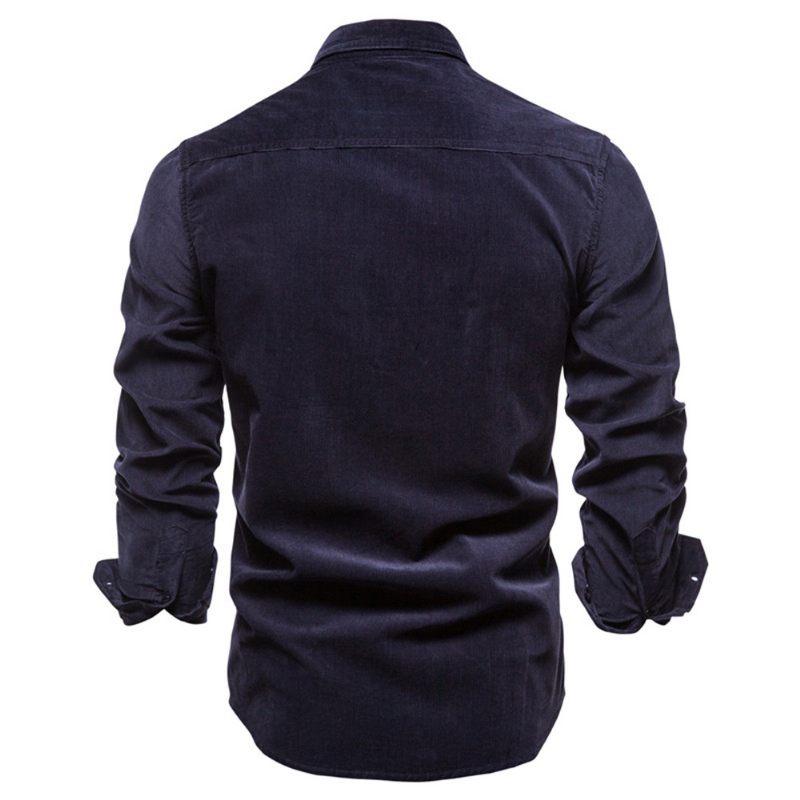 Corduroy Heren Overhemd Slim Fit Casual Lange Mouw Denim Blauw