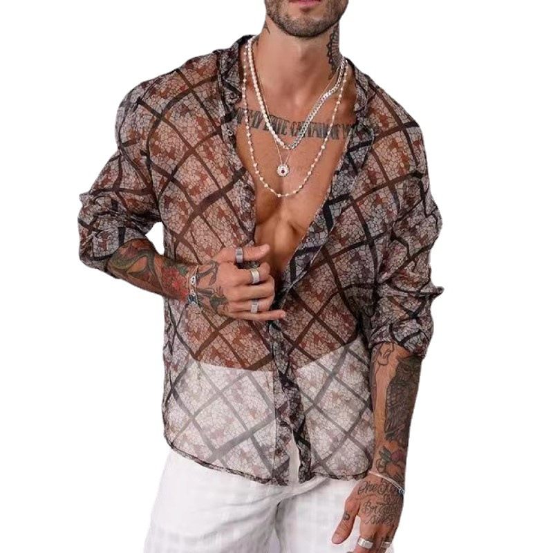 Heren Casual Mesh Bedrukt Ademend Vals Revers Zomer Slim Fit Overhemd