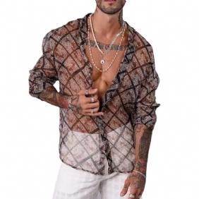 Heren Casual Mesh Bedrukt Ademend Vals Revers Zomer Slim Fit Overhemd