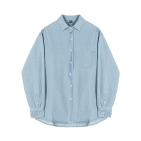 Heren Denim Shirt Losse Casual Lange Mouw Lichtblauw