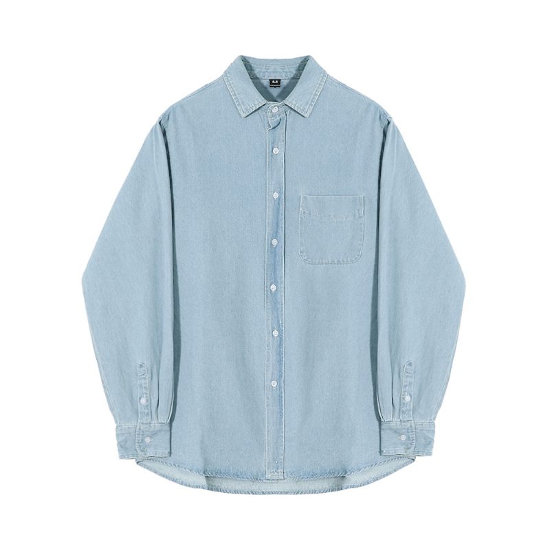 Heren Denim Shirt Losse Casual Lange Mouw Lichtblauw