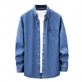 Heren Overhemd Met Lange Mouwen Casual Retro Denim Blauw Van Binnen