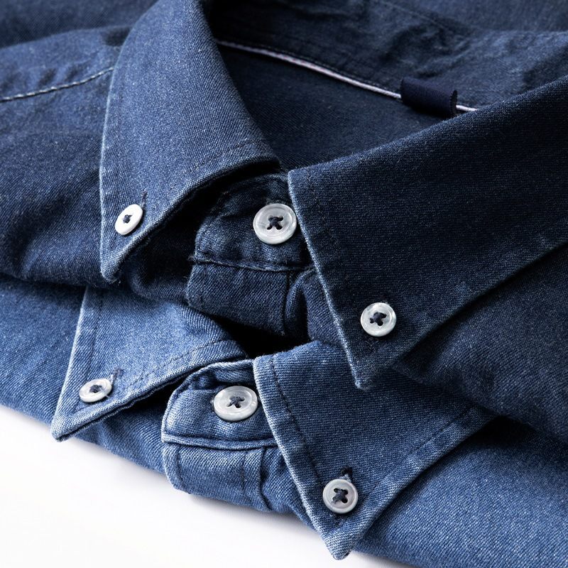 Heren Overhemd Met Lange Mouwen Casual Retro Denim Blauw Van Binnen