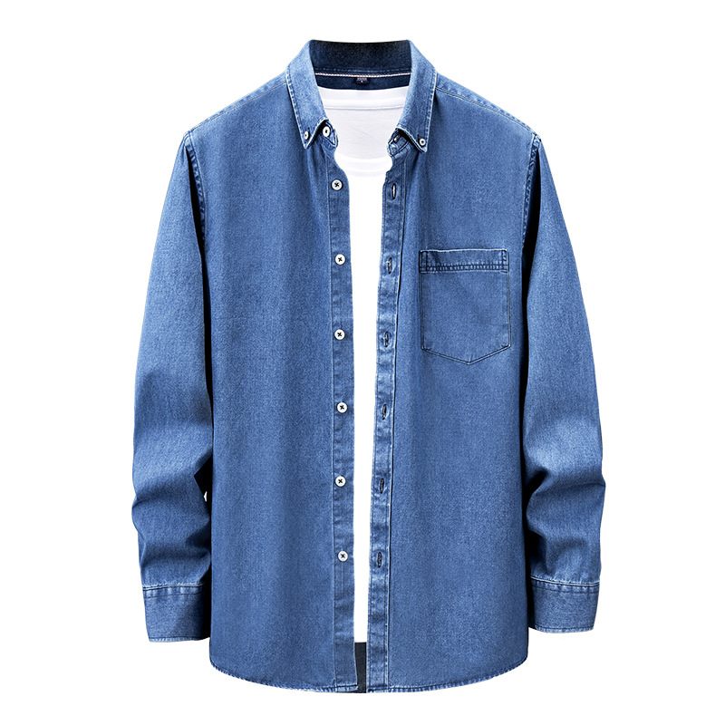 Heren Overhemd Met Lange Mouwen Casual Retro Denim Blauw Van Binnen