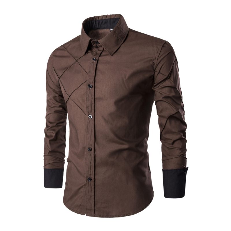 Heren Shirt Met Lange Mouwen Grid Bruine Persoonlijkheid