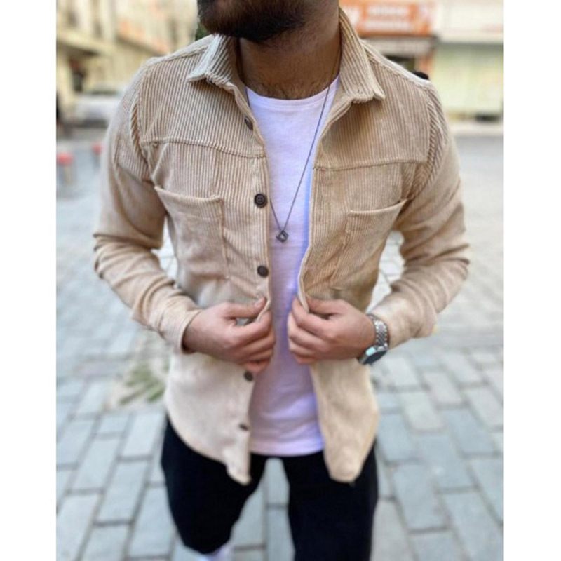 Herenoverhemden Met Lange Mouwen Casual Effen Kleur Grote Maten Corduroy Khaki