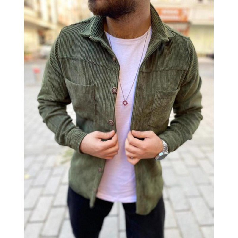 Herenoverhemden Met Lange Mouwen Casual Effen Kleur Grote Maten Corduroy Khaki