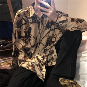 Vintage Shirt Met Lange Mouwen Bedrukt Heren Losse Jas