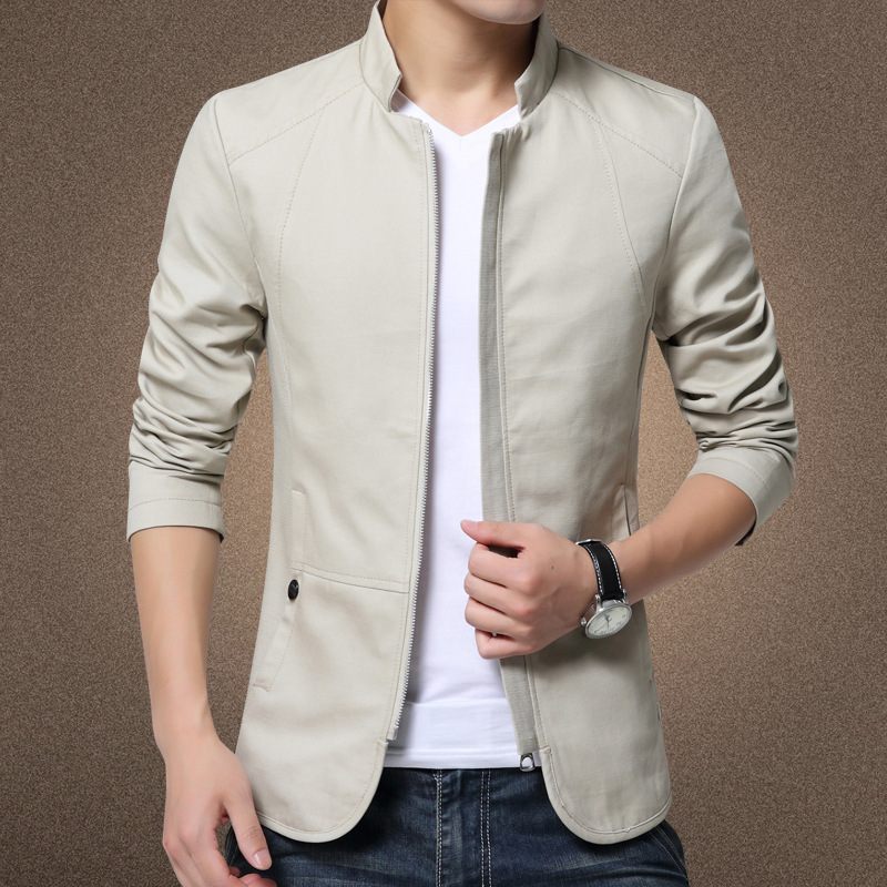 Herenjack Met Opstaande Kraag Slim Fit Rits Effen Beige